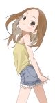  1girl absurdres arms_behind_back bangs blue_shorts brown_eyes brown_hair commentary denim denim_shorts female_child flat_chest forehead highres interlocked_fingers karakai_jouzu_no_takagi-san light_blush long_hair looking_at_viewer parted_bangs shirt shorts smile solo takagi-san thighs white_background yamamoto_souichirou yellow_shirt 