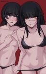  2girls bangs bikini black_hair breasts chainsaw_man long_hair looking_at_viewer mitaka_asa multiple_girls scar scar_on_face sexually_suggestive shellvi simple_background smile stomach swimsuit underwear undressing yellow_eyes yoru_(chainsaw_man) 