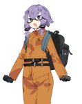  1girl backpack bag black-framed_eyewear black_gloves character_request drooling glasses gloves grey_background hair_between_eyes karei open_mouth purple_eyes purple_hair ringed_eyes short_hair simple_background solo vocaloid 