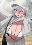  1girl absurdres blush breasts cheui16 cleavage clothes_lift fountain grey_hair hat highres lifted_by_self looking_at_viewer navel open_mouth original purple_eyes shirt_lift short_hair solo sweat white_background 