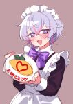  1boy :d androgynous apron blush highres jiitarou looking_at_viewer mahjong_soul maid maid_apron maid_headdress male_focus multicolored_hair omelet otoko_no_ko pink_background pink_hair purple_eyes purple_hair ryan_(mahjong_soul) short_braid short_hair sketch smile solo translation_request wavy_hair 