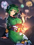  1girl absurdres arm_support blurry blurry_background blurry_foreground breasts depth_of_field feet_out_of_frame festival fireworks floral_print flower green_hair green_kimono hair_ornament highres holding_fireworks huge_breasts japanese_clothes kimono qwas69 sash short_hair sitting smile soga_no_tojiko solo sparkler touhou white_flower 