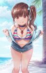  1girl absurdres banned_artist beach bent_over bikini bikini_top_only bolbbangbbang breasts brown_hair choker cleavage closed_mouth collarbone highres idolmaster idolmaster_shiny_colors jacket long_hair looking_at_viewer multicolored_bikini multicolored_clothes navel open_clothes open_jacket palm_tree red_eyes side_ponytail sidelocks smile solo sonoda_chiyoko swimsuit thigh_gap thighs tongue tongue_out tree 
