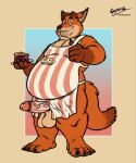  2022 anthro apron balls belly big_belly black_nose canid canine clothing dessert disney erection food fox genitals gideon_grey hi_res humanoid_genitalia humanoid_hands humanoid_penis kaiipwilde_(artist) letterbox male mammal orange_body overweight overweight_male penis pie solo zootopia 