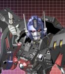  beast_wars beast_wars:_transformers cable grey_background grid_background head_tilt highres kuramochi_kyouryuu looking_at_viewer mecha optimus_primal pointing pointing_up red_eyes redesign robot solo transformers 