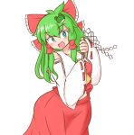  blush bow cosplay costume_switch detached_sleeves frog_hair_ornament green_eyes green_hair hair_bow hair_ornament hakurei_reimu holding kochiya_sanae looking_at_viewer mizusoba open_mouth simple_background skirt smile touhou white_background 