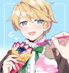  1boy akechi_hideki blonde_hair blue_eyes blush crepe eating facing_viewer food highres holding holding_food ice_cream jiitarou looking_to_the_side mahjong_soul male_focus open_mouth pov pov_hands short_hair sketch solo spoon 