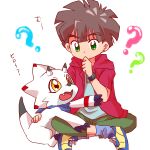  anthro bandai_namco bandanna bandanna_on_neck brown_hair digimon digimon_(species) digimon_ghost_game duo gammamon gammamon_(ghost_game) green_eyes hair hamu_ym hiro_amanokawa horn human kerchief male mammal question_mark white_body yellow_eyes 