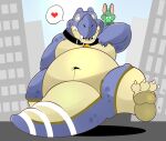  &lt;3 2022 absurd_res anthro belly big_belly biped blue_body building collar dinosaur duo feet green_body hi_res kemono m2vcjtad5hsdvla macro navel outside reptile scalie size_difference 
