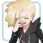  1boy :d ahoge bangs black_shirt blonde_hair blush closed_eyes commentary_request ear_piercing framed gladion_(pokemon) grey_vest hair_over_one_eye hand_up hood hooded_vest hoodie male_focus miu_(miuuu_721) open_mouth piercing pokemon pokemon_(game) pokemon_sm shirt short_hair smile solo tassel teeth tongue torn_clothes torn_shirt vest white_background 