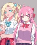  2girls blonde_hair blue_eyes dark-skinned_female dark_skin ear_piercing fujimoto_kirara fujita_kana grey_background gyaru jiitarou long_hair looking_at_viewer mahjong_soul multiple_girls open_mouth parted_lips piercing pink_eyes pink_hair school_uniform sketch twintails 