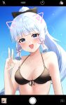  1girl absurdres animal_ears bikini black_bikini blue_sky breasts cat_ears cleavage educk genshin_impact highres kamisato_ayaka looking_at_viewer medium_breasts open_mouth ponytail sidelocks sky smile swimsuit upper_body v whiskers 