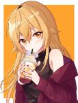  1girl akuo_11 belt blonde_hair blush brown_hair cleavage_cutout clothing_cutout coat cup disposable_cup drink drinking drinking_straw drinking_straw_in_mouth hair_flaps highres holding holding_cup holding_drink ienaga_mugi jewelry long_hair multicolored_hair nail_polish nijisanji off_shoulder orange_eyes ring roots_(hair) shirt sleeveless sleeveless_shirt solo two-tone_hair virtual_youtuber whipped_cream 