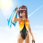  1girl absurdres blue_sky cloud commentary_request competition_swimsuit contrail cowboy_shot dark-skinned_female dark_skin highleg highleg_swimsuit highres ibuki_imina juuta-rou long_hair looking_at_viewer multicolored_clothes multicolored_swimsuit one-piece_swimsuit ponytail purple_hair school_girl_strikers sky solo sun swimsuit towel yellow_eyes 