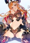  1girl absurdres arm_behind_head armor bangs black_gloves black_thighhighs blue_background blush breastplate breasts brown_eyes cape cleavage dutch_angle elbow_gloves gloves granblue_fantasy hair_ornament hairband hand_in_own_hair head_wings highres large_breasts long_hair looking_at_viewer navel open_mouth orange_hair photoshop_(medium) sidelocks simple_background smile solo spread_legs squatting stomach sweatdrop tatami_to_hinoki thighhighs thighs tweyen_(granblue_fantasy) white_cape 