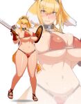  1girl animal_ears armor bikini_armor blonde_hair blush breasts collar embarrassed full_body hairband highres isekai_meikyuu_de_harem_wo large_breasts non-web_source red_armor roxanne_(isekai_meikyuu_de_harem_wo) sandals shield solo sword tail weapon 