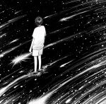  1boy arms_at_sides from_behind greyscale highres meteor_shower monochrome motion_blur night original outdoors reflection reflective_water ripples sae_sae shirt short_hair short_sleeves shorts sky solo standing star_(sky) starry_sky t-shirt wading water 