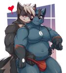  &lt;3 absurd_res anthro belly belly_grab big_belly blue_body blue_fur blush bulge canid canine clothed clothing duo embrace eyewear fur glasses green_eyes hi_res jockstrap male male/male mammal moobs mostly_nude musclegut one_eye_closed overweight overweight_anthro overweight_male red_eyes rookie_bear skimpy smile underwear 