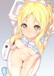  1girl absurdres arm_at_side ass_visible_through_thighs bangs bare_shoulders blonde_hair blush bottomless bow breasts breasts_apart brown_eyes closed_mouth clothes_lift collarbone drill_hair eromanga_sensei eyelashes frills from_above groin hair_bow hand_on_own_knee highres jewelry knees_together_feet_apart long_hair looking_at_viewer looking_up navel necklace nipples no_bra pendant photoshop_(medium) pointy_ears ringlets shirt_lift sidelocks skindentation slippers small_breasts smile solo stomach tatami_to_hinoki thigh_gap thighhighs toilet twin_drills white_bow white_thighhighs yamada_elf 