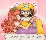  bracelet bruleebaby crown earrings gloves highres hug jewelry kiss pink_gloves princess_shokora red_hair smile wario wario_land wario_land_4 