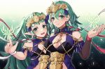  2girls :d absurdres bare_shoulders braid breasts byleth_(fire_emblem) byleth_(fire_emblem)_(female) cleavage clothing_cutout cosplay fire_emblem fire_emblem:_three_houses gradient gradient_background green_eyes green_hair highres large_breasts long_hair looking_at_viewer medium_hair multiple_girls official_alternate_costume open_mouth patterned_legwear pointy_ears reia_hana ribbon_braid side_braid smile sothis_(fire_emblem) sothis_(fire_emblem)_(cosplay) stomach_cutout tiara twin_braids twitter_username upper_body very_long_hair 