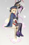 1girl artoria_caster_(fate) artoria_caster_(second_ascension)_(fate) artoria_pendragon_(fate) belt beret black_bow black_gloves black_pantyhose blonde_hair blue_belt blue_cloak blue_headwear blush boots bow buttons cloak closed_eyes collared_shirt fate/grand_order fate_(series) flower gem gloves gold_trim green_eyes green_gemstone hair_bow hat henoaokamoheji highres holding long_hair long_sleeves looking_at_viewer ornament pantyhose pink_flower pink_ribbon purple_bow purple_footwear ribbon shiny shirt sitting skirt smile twintails white_background white_shirt white_skirt 