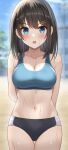  1girl absurdres arms_behind_back bangs black_shorts blue_eyes blue_sports_bra blurry blurry_background blush borrowed_character breasts brown_hair cleavage commentary_request cowboy_shot hair_ornament hairclip highleg_shorts highres hisui_(user_zvkr2432) large_breasts looking_at_viewer midriff navel open_mouth original outdoors short_shorts shorts solo sports_bra sweat tsubasa_(kureha) 