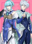  2boys biting blue_eyes blue_gemstone blue_hair blue_lips bodysuit copyright_name cowboy_shot detached_sleeves fairy_ranmaru:anata_no_kokoro_otasuke_shimasu finger_biting gem gloves hair_between_eyes hand_up highres holding holding_weapon horns light_blue_hair male_focus mizushima_(damonalbarn) multiple_boys mushrambo pink_background sago_(mushrambo) seiren_uruu sidelocks standing trait_connection weapon white_gloves white_hair 