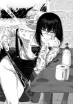  1girl absurdres artist_request bangs black_hair breasts chainsaw_man clothes_lift collared_shirt dress highres long_hair looking_at_viewer mitaka_asa monochrome neck_ribbon no_panties pinafore_dress ribbon scar scar_on_face sexually_suggestive shirt simple_background skirt skirt_lift yoru_(chainsaw_man) 