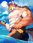  abs anthro barrel_(live-a-hero) butt canid canine canis clothing connecting_y lifewonders live-a-hero male mammal muscular muscular_anthro muscular_male one_eye_closed partially_submerged pecs solo speedo swimwear tongue tongue_out toy toy_gun video_games water_gun wink wolf 