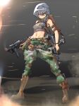  1girl bangs battlefield belt belt_pouch boots braid breasts brown_belt brown_footwear camouflage camouflage_pants closed_mouth collaboration commentary_request dual_wielding explosive full_body green_pants grenade grey_eyes grey_hair gun holding holding_gun holding_weapon kitsunerider long_hair looking_to_the_side medium_breasts military navel original pants pouch side_braid single_braid smoke smoking_gun solo standing stggc submachine_gun thick_eyebrows v-shaped_eyebrows weapon 