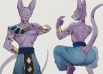  2022 anthro beerus bracelet butt diety dragon_ball dragon_ball_super ear_piercing felid feline fur hi_res jewelry k0bit0wani looking_at_viewer looking_back male mammal nipples pecs piercing tongue tongue_out white_body white_fur 