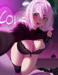 1girl black_bra black_thighhighs blush bra breasts cheui16 cleavage clothes_lift condom condom_wrapper highres lifted_by_self looking_at_viewer open_mouth original purple_eyes purple_hair red_nails short_hair solo sweatdrop teeth thighhighs underwear 
