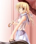  blonde_hair blush copyright_request highres pointy_ears red_eyes ribbon solo tenmaso umbrella 