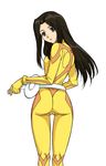  artist_request ass belt black_hair blue_eyes bodysuit flat_chest from_behind highres long_hair looking_back misha_miramond skin_tight solo transformers transformers_superlink yellow_bodysuit 