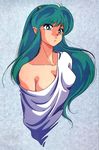  80s bare_shoulders blue_eyes breasts cleavage eyeshadow green_hair highres horns long_hair lum makeup medium_breasts nakajima_atsuko off_shoulder oldschool pointy_ears simple_background solo urusei_yatsura 