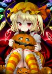  :&lt; blonde_hair cape fang flandre_scarlet halloween highres inyucchi jack-o'-lantern kneehighs multicolored multicolored_clothes multicolored_legwear night orange_legwear pumpkin red_eyes ribbon side_ponytail solo star striped striped_legwear touhou window wings yellow_legwear 