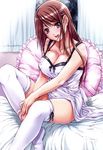  bed blush breasts brown_hair cleavage frilled_pillow frills hair_ornament hairclip highres large_breasts lingerie long_hair nanno_koto negligee original pillow purple_eyes sitting smile solo thighhighs underwear white_legwear 