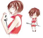  blush breasts brown_hair chibi kuroya_eiri medium_breasts meiko microphone microphone_stand one_eye_closed red red_eyes short_hair skirt solo vocaloid 