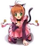  animal_ears antenna_hair bell boots cardcaptor_sakura cat_ears fang full_body highres kinomoto_sakura mutsuki_(moonknives) pink_footwear solo tail thighhighs 