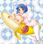  ahoge ass bad_id bad_pixiv_id banana blue_hair blush breasts checkered food fruit in_food kaitou_tenshi_twin_angel kannazuki_aoi koari large_breasts legs minigirl nipples nurse on_banana open_clothes open_shirt pantyhose riding sexually_suggestive shirt short_hair solo twin_angel white_legwear 