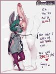  1boy 1girl after_fingering animal_ears artist_name bare_shoulders black_gloves colored_skin darkminou elbow_gloves english_text gloves green_hair grey_skin grin hetero highres huge_penis league_of_legends leash lipstick lipstick_mark makeup navel nipple_piercing nipples penis piercing purple_thighhighs short_hair size_difference smile standing teeth testicles thighhighs toeless_legwear vex_(league_of_legends) yordle 
