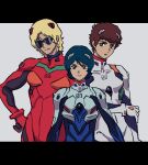  3boys amuro_ray ayanami_rei ayanami_rei_(cosplay) blonde_hair blue_hair brown_hair char_aznable cosplay gundam highres ikari_shinji ikari_shinji_(cosplay) kamille_bidan letterboxed mecha_pilot_suit multiple_boys neon_genesis_evangelion plugsuit quattro_bajeena sketch souryuu_asuka_langley souryuu_asuka_langley_(cosplay) yy0880yy zeta_gundam 
