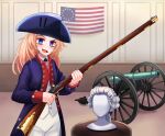  1girl :d american_flag blue_eyes blue_hat blue_jacket brown_hair bust_(sculpture) cannon commentary english_commentary gun hat holding holding_gun holding_weapon indoors jacket lilacwcastle long_hair long_sleeves looking_at_viewer military_uniform musket original pants powdered_wig purple_eyes shirt smile solo weapon white_pants white_shirt wig 