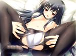  black_hair blush breasts cameltoe crotch cum cum_on_body cum_on_breasts cum_on_clothes cum_on_hair cum_on_upper_body feet game_cg highres kiss_to_lord_to_darjeeling kuyou_sarasa large_breasts long_hair lying mikeou nipples on_back open_mouth panties pantyhose red_eyes solo thighband_pantyhose topless torn_clothes torn_legwear underwear underwear_only very_long_hair white_panties 