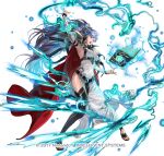  1girl alternate_costume arm_up armor armpits belt boots breasts cape cleavage copyright_notice dress earrings fire_emblem fire_emblem:_genealogy_of_the_holy_war fire_emblem_heroes floating floating_object full_body gold_trim hair_ornament ishtar_(fire_emblem) ishtar_(resplendent)_(fire_emblem) jewelry lightning long_dress long_hair long_sleeves magic medium_breasts official_art open_mouth ponytail purple_eyes purple_hair red_cape shiny_skin shoulder_armor side_slit suzuki_rika very_long_hair white_background white_dress 