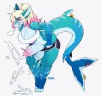2025 accessory anthro balls blonde_hair blush bodily_fluids breasts breath camisole chromapan cleavage clenched_teeth clothed clothing cum cum_on_ground dolphin_shorts ear_piercing ear_ring ear_stud ejaculation eyes_closed fish flying_sweatdrops flynn_doral furgonomics genital_fluids genitals gynomorph gynomorph_anthro hair hands-free hi_res intersex intersex_anthro jewelry marine notched_tail off_shoulder penis piercing ponytail ring ring_piercing shark sharp_teeth signature simple_background solo sweat sweatdrop tail tail_accessory tail_jewelry tail_ring teal_body teal_skin teeth tremble_spikes white_background
