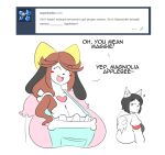 2016 anthro apron ask_blog big_breasts black_clothing black_hair black_topwear blush blush_stickers breasts brown_hair canid canine canis character_name cleavage clothed clothed_anthro clothed_female clothing dialogue digital_drawing_(artwork) digital_media_(artwork) domestic_dog duo english_description english_text exclamation_point eyebrow_through_hair eyebrows eyelashes eyes_closed female frilly frilly_clothing frilly_topwear fur hair heart_symbol holly_applebee huge_breasts inner_ear_fluff jacket looking_at_another looking_back looking_back_at_another maggie_applebee mammal name_drop open_clothing open_jacket open_mouth open_smile open_topwear pink_clothing pink_topwear question_mark simple_background smile text theycallhimcake tilde_after_text topwear translucent translucent_hair tuft tumblr tumblr_ask white_background white_body white_clothing white_fur white_jacket white_topwear