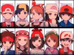  5boys 5girls adjusting_clothes adjusting_headwear arm_up backwards_hat baseball_cap beanie beret black_eyes black_hair black_shirt blue_jacket boater_hat brown_eyes brown_hair chase_(pokemon) clenched_hand closed_mouth collarbone collared_jacket collared_shirt commentary_request covering_own_mouth dawn_(pokemon) dot_mouth dot_nose ethan_(pokemon) eyelashes eyewear_on_head frown gloria_(pokemon) green_hat hairband hat highres hilbert_(pokemon) hood hood_down hoodie jacket looking_at_viewer looking_to_the_side lower_teeth_only may_(pokemon) medium_hair multiple_boys multiple_girls nate_(pokemon) nisanrei121 open_mouth orange_hairband parted_bangs parted_lips pink_eyes pink_hoodie pokemon pokemon_bw pokemon_bw2 pokemon_dppt pokemon_frlg pokemon_gsc pokemon_lgpe pokemon_oras pokemon_sm pokemon_swsh pokemon_xy pom_pom_(clothes) popped_collar red_(pokemon) red_eyes red_hat red_jacket red_scarf scarf selene_(pokemon) serena_(pokemon) shirt short_hair sideways_glance smile swept_bangs teeth unzipped upper_teeth_only v-neck visor_cap watermark white_shirt zipper zipper_pull_tab 