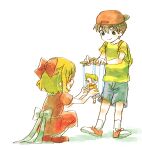  1boy 1girl ^_^ backpack backwards_hat bag baseball_cap black_eyes black_hair blonde_hair bow character_doll closed_eyes commentary_request control_bar dress hachi78b hair_bow hat lucas_(mother_3) marionette mother_(series) mother_2 mother_3 ness_(mother_2) open_mouth paula_(mother_2) pink_dress puppet puppet_strings red_hat shirt smile socks striped_clothes striped_shirt white_socks yellow_shirt 